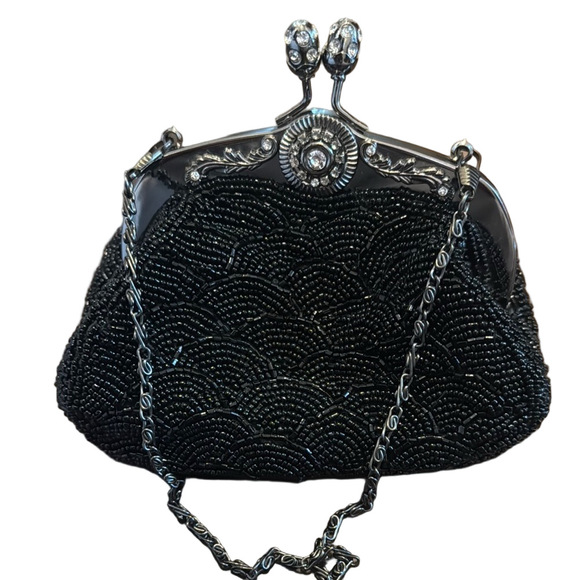 Not Branded Handbags - Black and Silver Beaded Clutch with Ornate Clasp